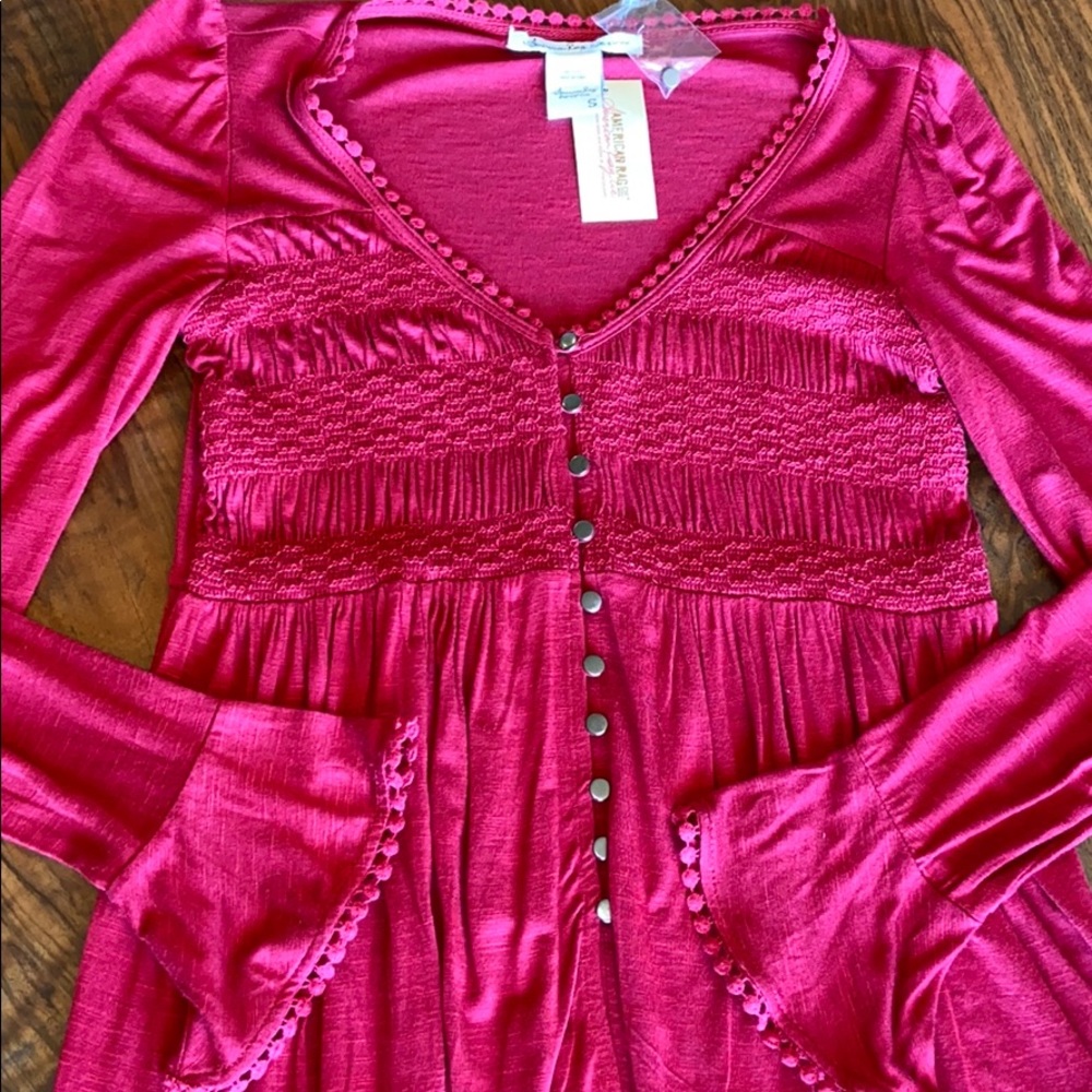 NEW Smocked Bodice Button Front Blouse Bell Sleeves Pom-Pom Trim RED w/ Tags
